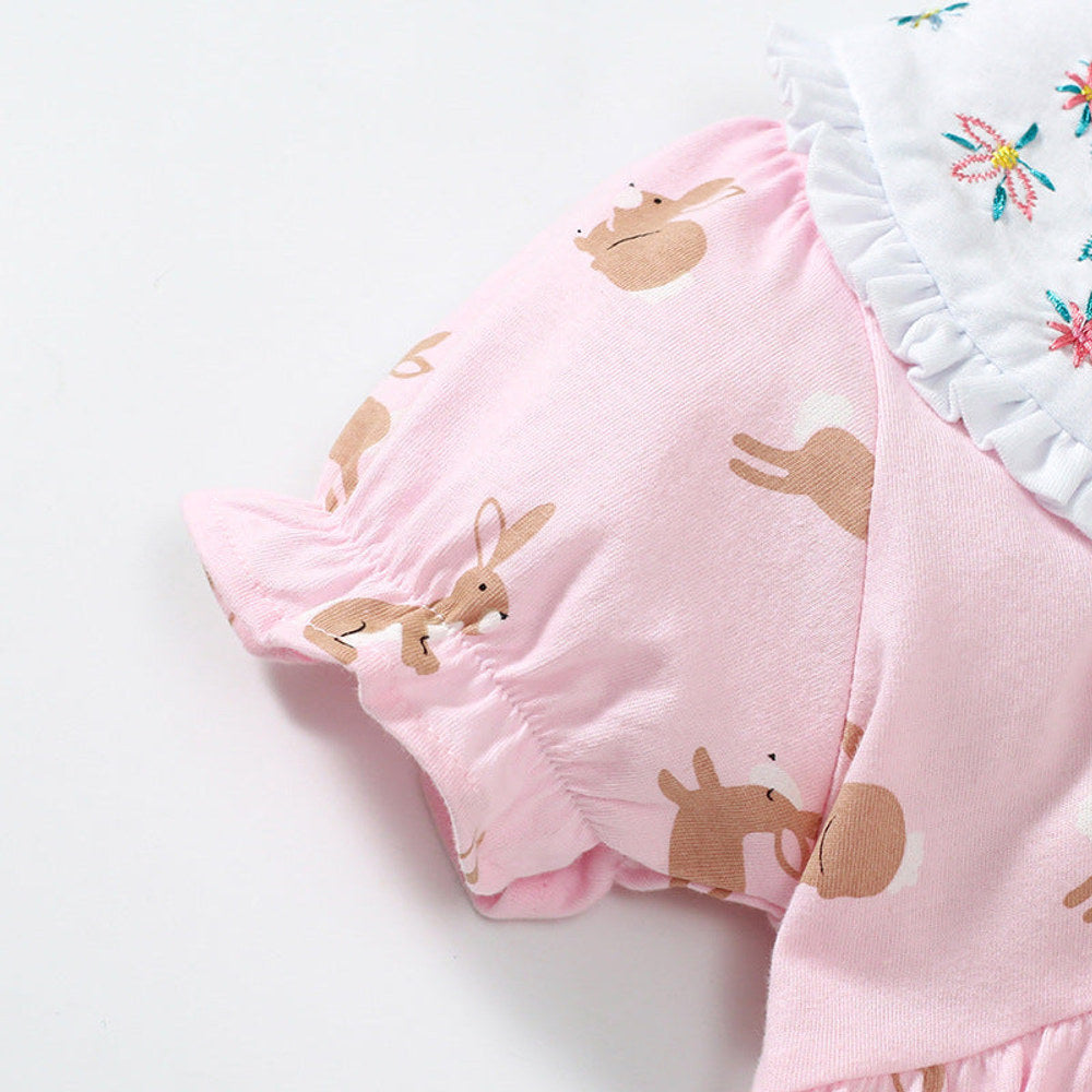 MyKids-USA® Baby Girls Peter Pan Floral Collar Short Sleeves Rabbits Pattern Dress-3
