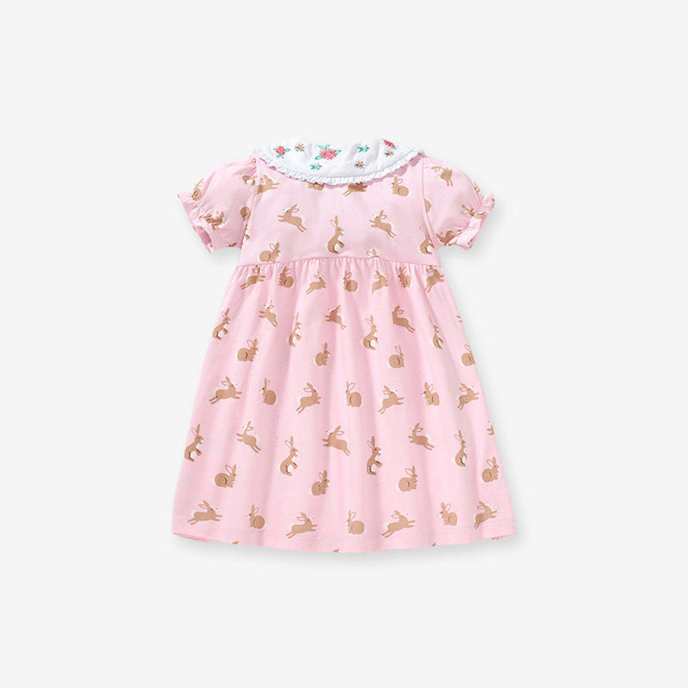 MyKids-USA® Baby Girls Peter Pan Floral Collar Short Sleeves Rabbits Pattern Dress-1