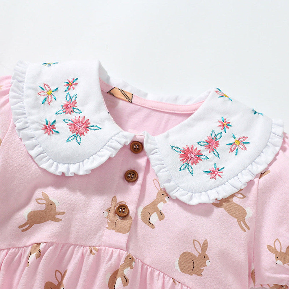 MyKids-USA® Baby Girls Peter Pan Floral Collar Short Sleeves Rabbits Pattern Dress-2