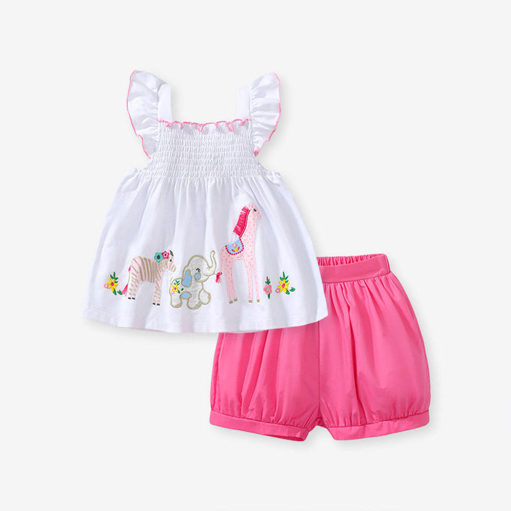 MyKids-USA® Girls Animals Cartoon Pattern Dress And Pink Shorts Set-0