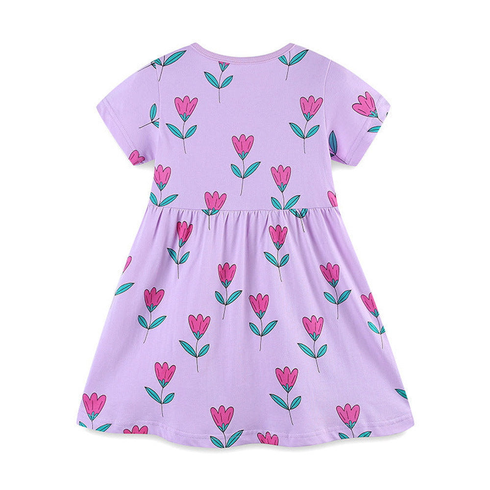 MyKids-USA® Girls’ Purple Flowers Pattern Short Sleeves Dress-1