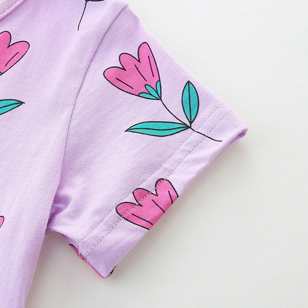 MyKids-USA® Girls’ Purple Flowers Pattern Short Sleeves Dress-3