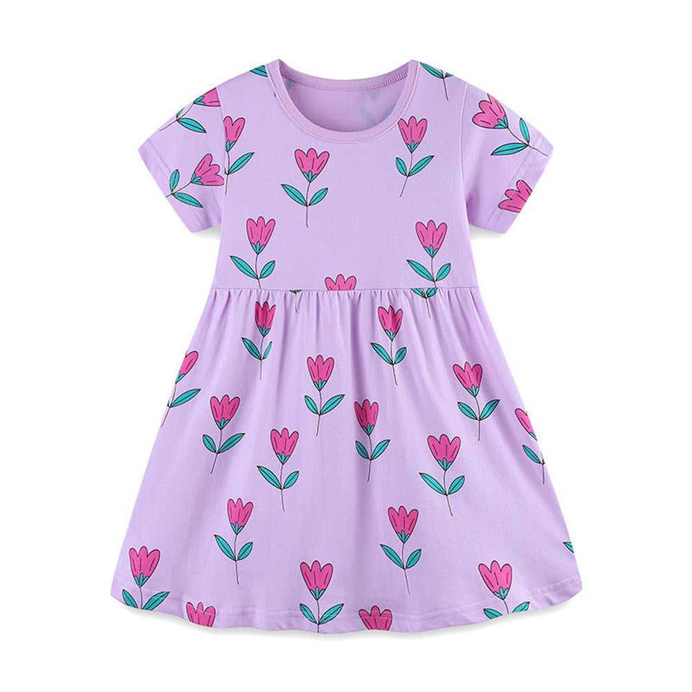MyKids-USA® Girls’ Purple Flowers Pattern Short Sleeves Dress-0