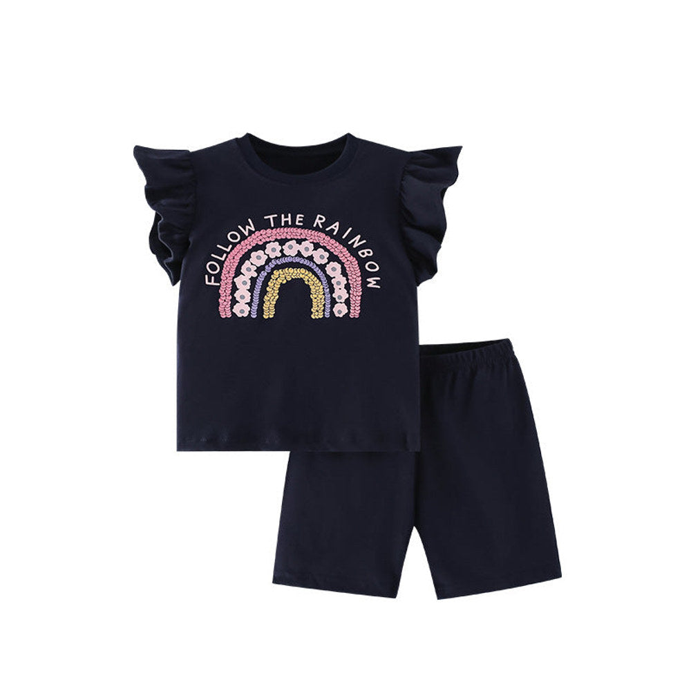 MyKids-USA® Baby Kids Girls Floral Rainbow Print T-Shirt And Shorts Clothing Set-0
