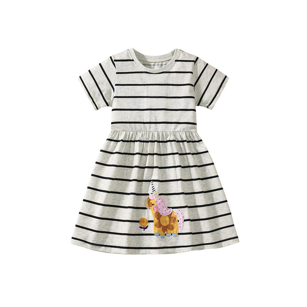 MyKids-USA® Striped Dress for Girls, European and American Cute Animals Cartoon Pattern Dress-0