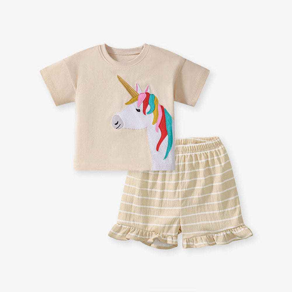MyKids-USA® Baby Kids Unicorn Cartoon Pattern T-shirt and Striped Bloomers Clothing Set for Girls-0