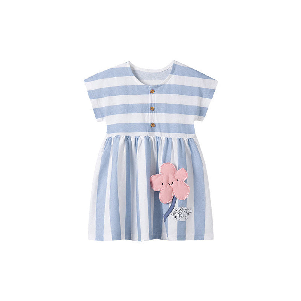 MyKids-USA® Flowers Pattern Short Sleeves Striped Dress for Stylish Girls-0