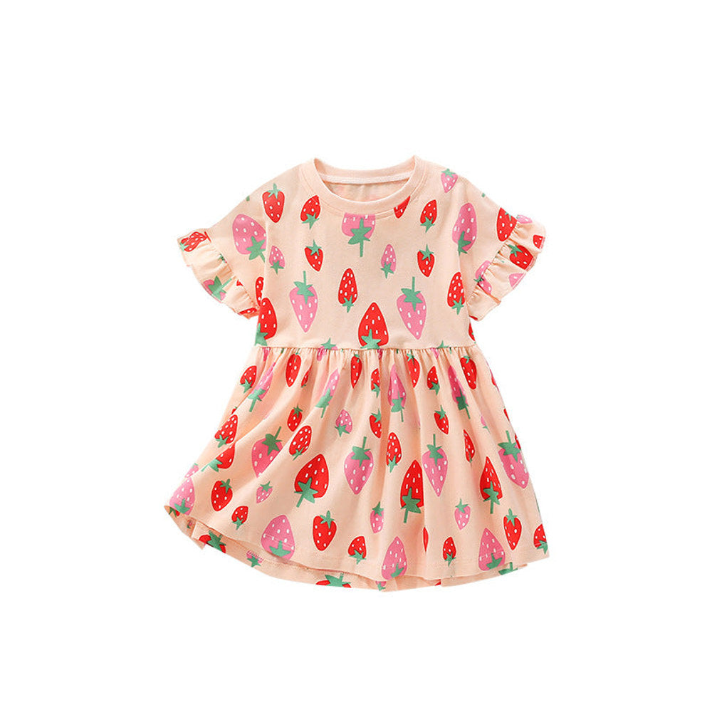 MyKids-USA® Strawberry Fruits Pattern Short Sleeves Dress for Stylish Girls-0