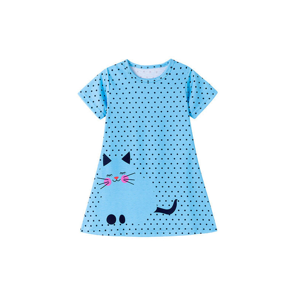 MyKids-USA® Cartoon Cat and Dots Pattern Short Sleeves Dress for Stylish Girls-4