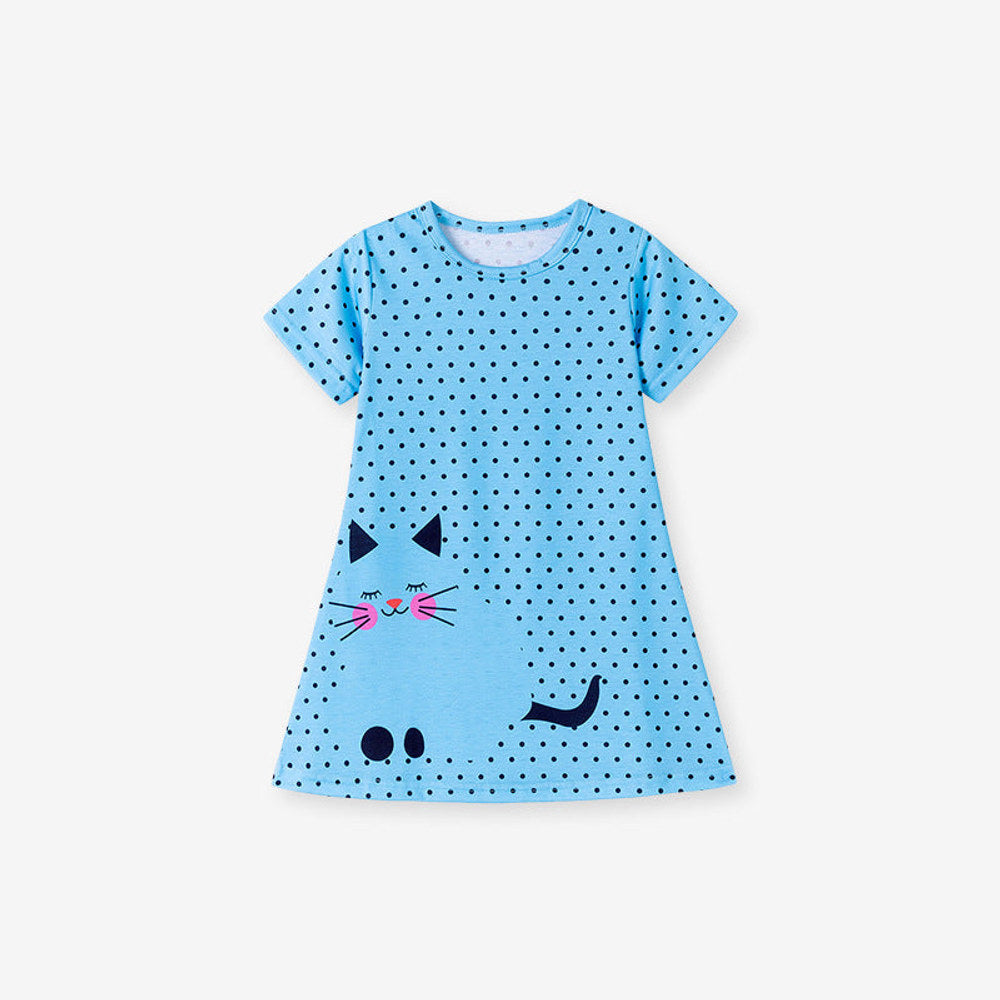 MyKids-USA® Cartoon Cat and Dots Pattern Short Sleeves Dress for Stylish Girls-0