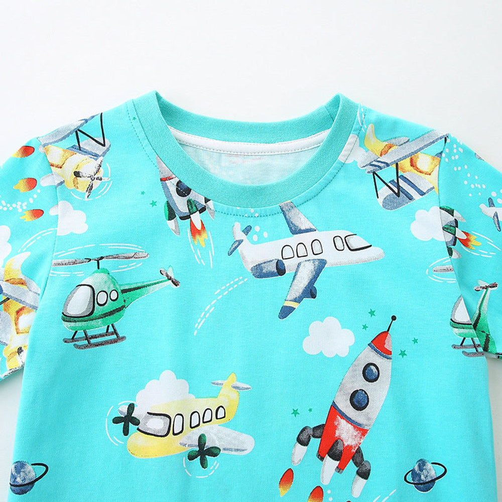 MyKids-USA® Boys’ Rockets and Plane Cartoon Pattern T-shirt in European and American Style-2