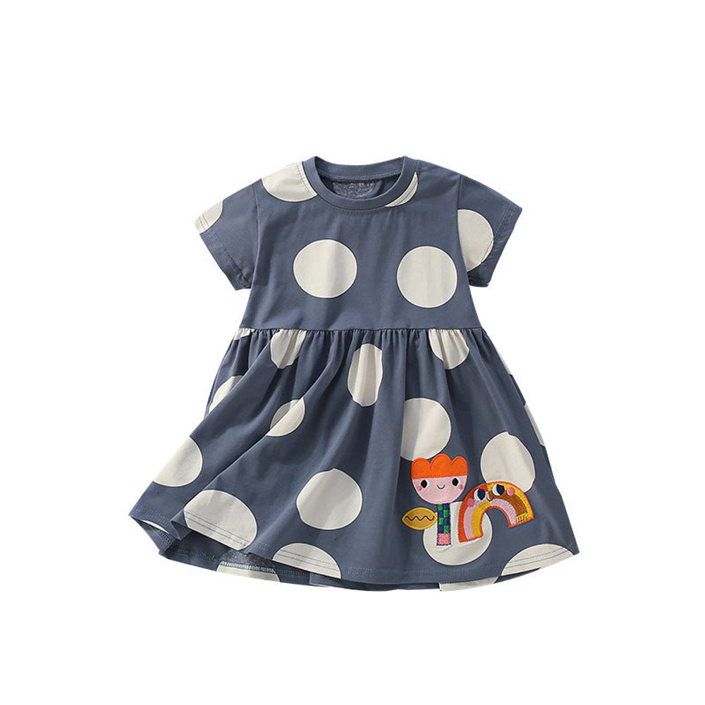 MyKids-USA® Flowers Cartoon and Polka Dots Pattern Short Sleeves Dress for Stylish Girls-0