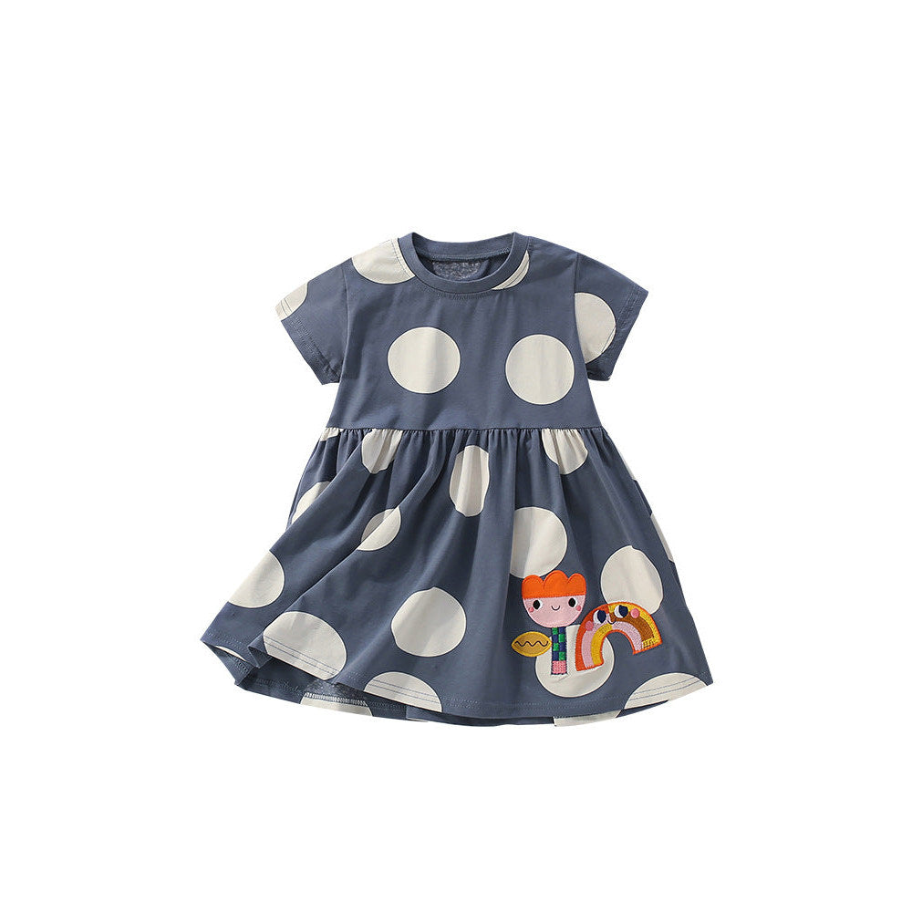 MyKids-USA® Flowers Cartoon and Polka Dots Pattern Short Sleeves Dress for Stylish Girls-4