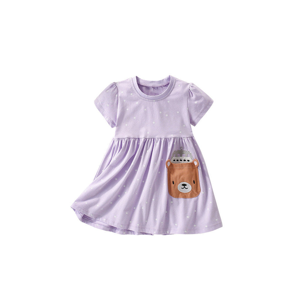 MyKids-USA® Cartoon Teddy Bear and Dots Pattern Short Sleeves Dress for Stylish Girls-4