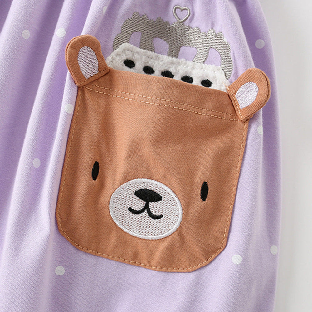 MyKids-USA® Cartoon Teddy Bear and Dots Pattern Short Sleeves Dress for Stylish Girls-1