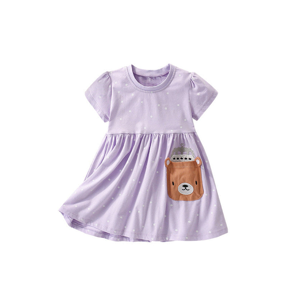 MyKids-USA® Cartoon Teddy Bear and Dots Pattern Short Sleeves Dress for Stylish Girls-0