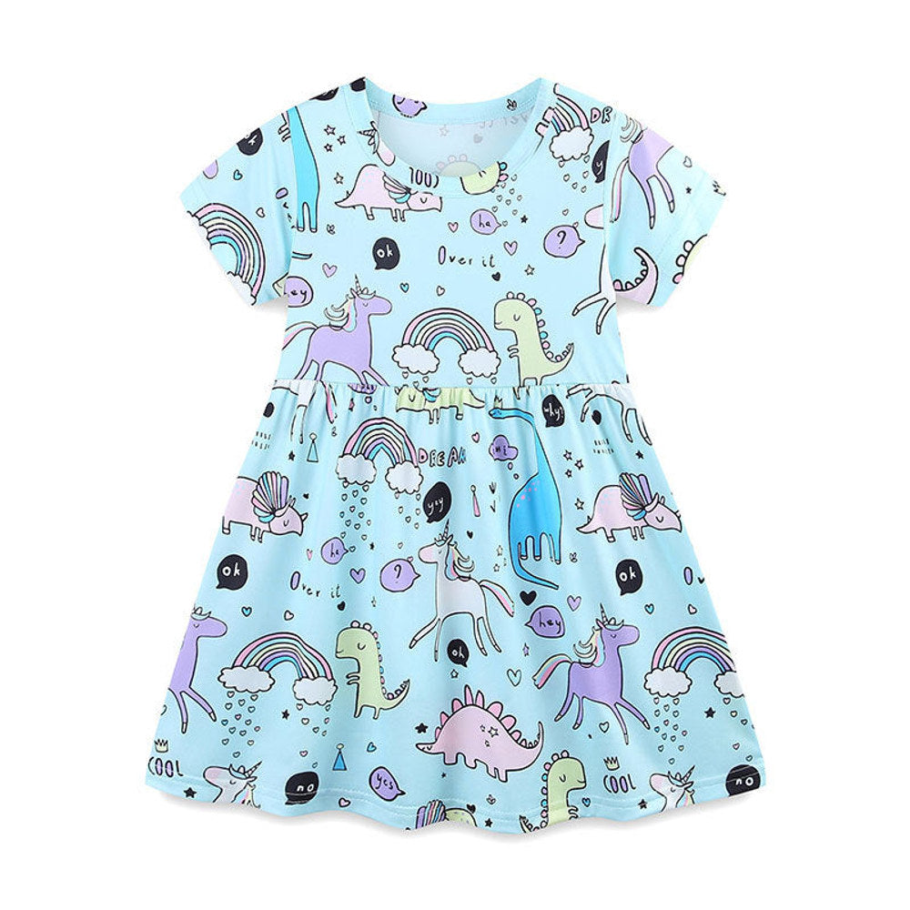 MyKids-USA® Colorful Little Monsters Pattern Short Sleeves Dress for Stylish Girls-0