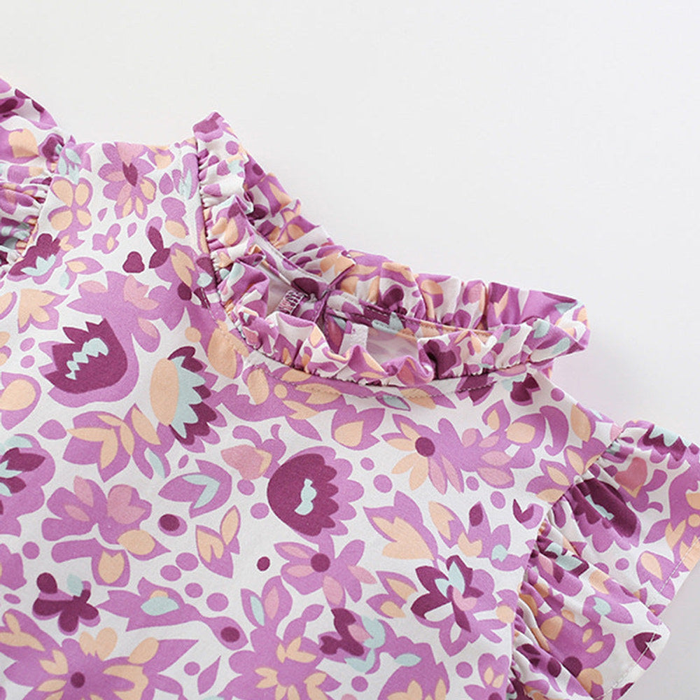 MyKids-USA® Purple Flowers Pattern Fly Sleeves Ruffle Neck Dress for Stylish Girls-1