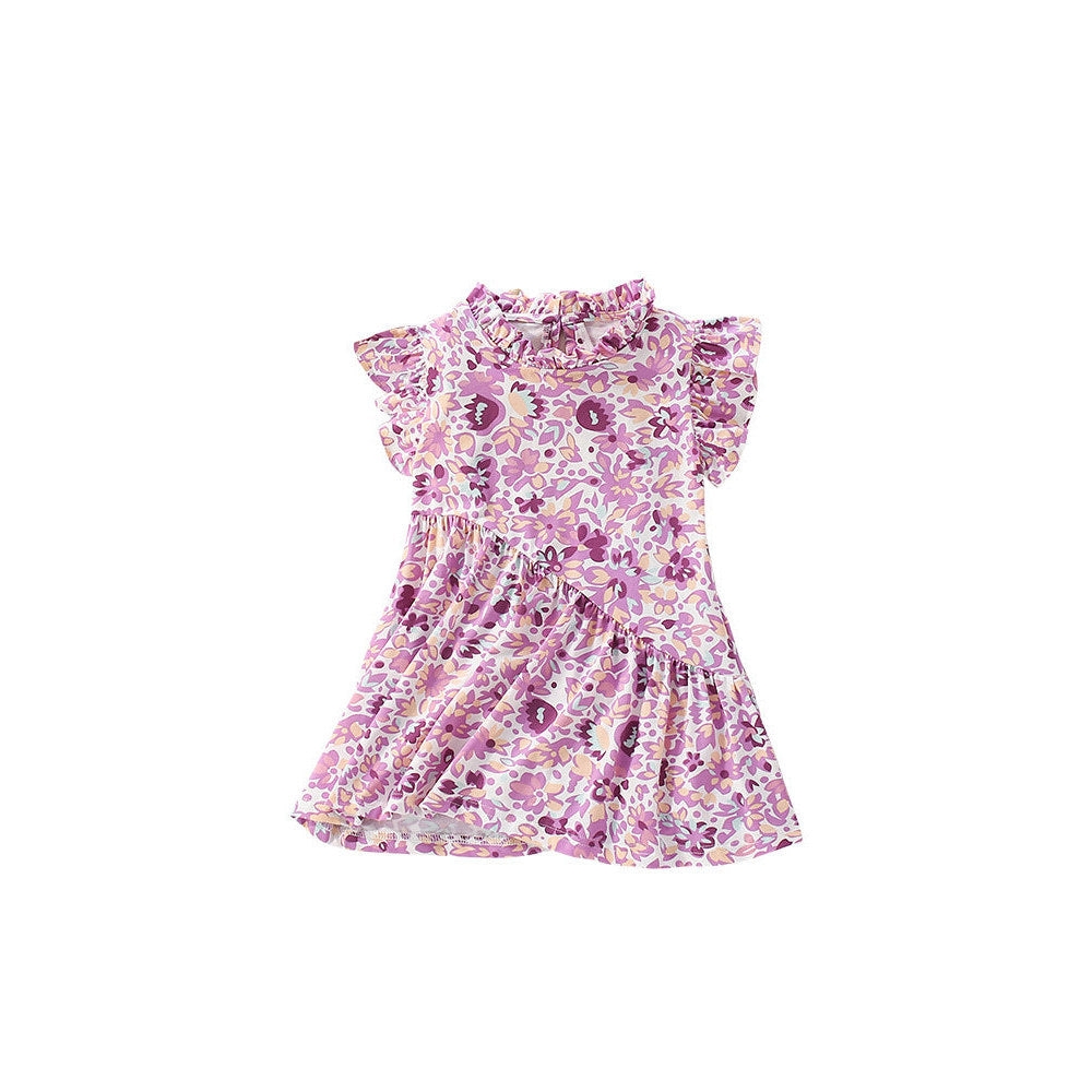 MyKids-USA® Purple Flowers Pattern Fly Sleeves Ruffle Neck Dress for Stylish Girls-4