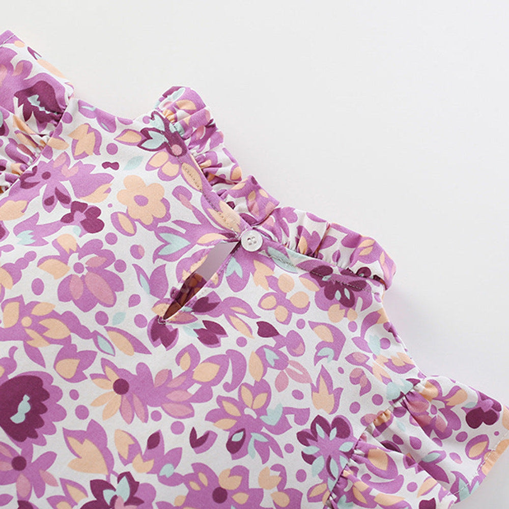 MyKids-USA® Purple Flowers Pattern Fly Sleeves Ruffle Neck Dress for Stylish Girls-2