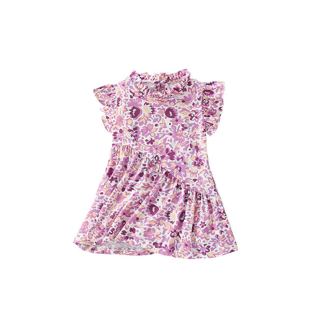 MyKids-USA® Purple Flowers Pattern Fly Sleeves Ruffle Neck Dress for Stylish Girls-0