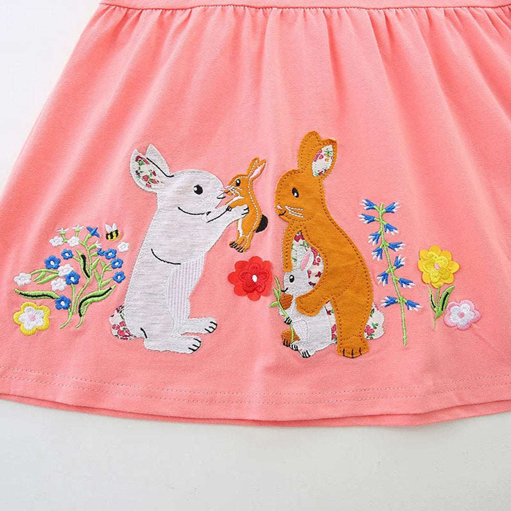 MyKids-USA® Rabbits and Flowers Cartoon Pattern Short Sleeves Dress for Stylish Girls-4