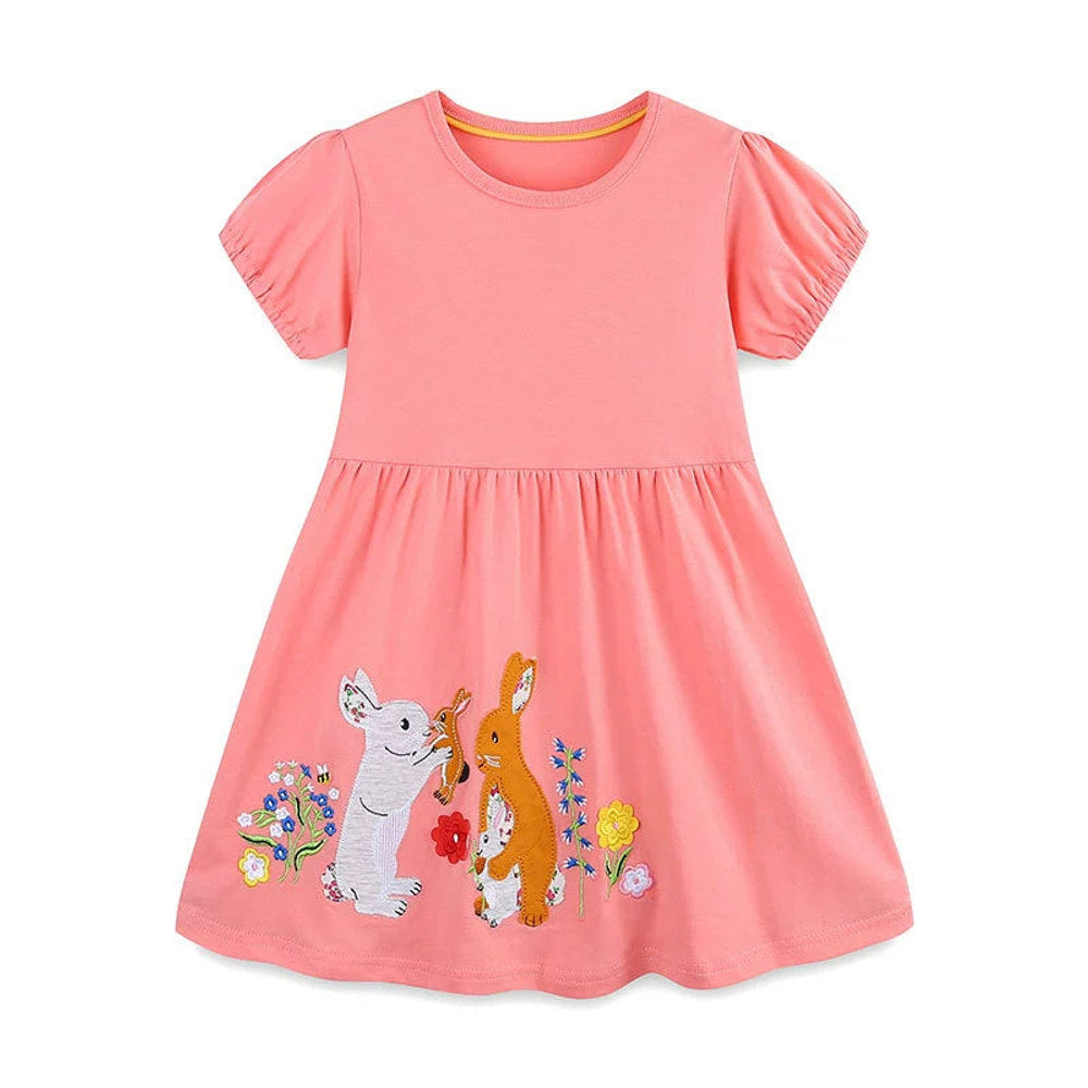 MyKids-USA® Rabbits and Flowers Cartoon Pattern Short Sleeves Dress for Stylish Girls-3