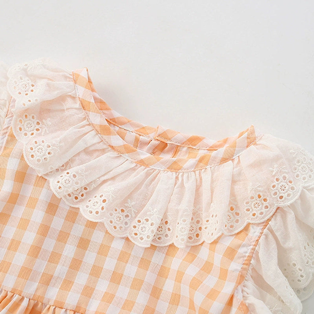 MyKids-USA® Plaid Pattern Fly Sleeves Lace Decorated Dress for Stylish Girls-2