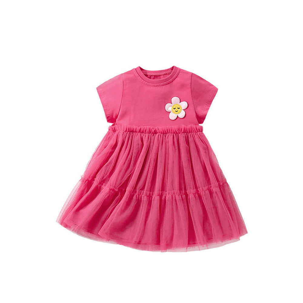 MyKids-USA® Flower Cartoon Pattern Short Sleeves Tulle Design Cute Dress for Stylish Girls-0