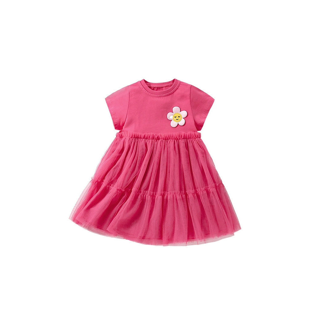 MyKids-USA® Flower Cartoon Pattern Short Sleeves Tulle Design Cute Dress for Stylish Girls-4