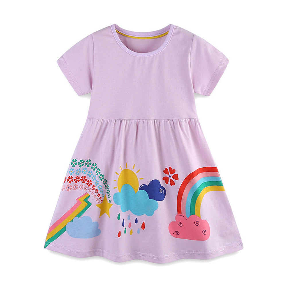 MyKids-USA® Pure Cotton Colorful Rainbow Pattern Short Sleeves Purple Dress for Stylish Girls-0