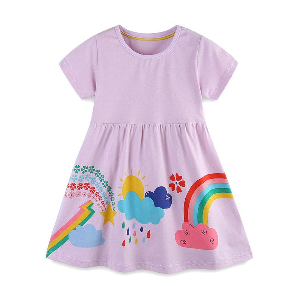MyKids-USA® Pure Cotton Colorful Rainbow Pattern Short Sleeves Purple Dress for Stylish Girls-4