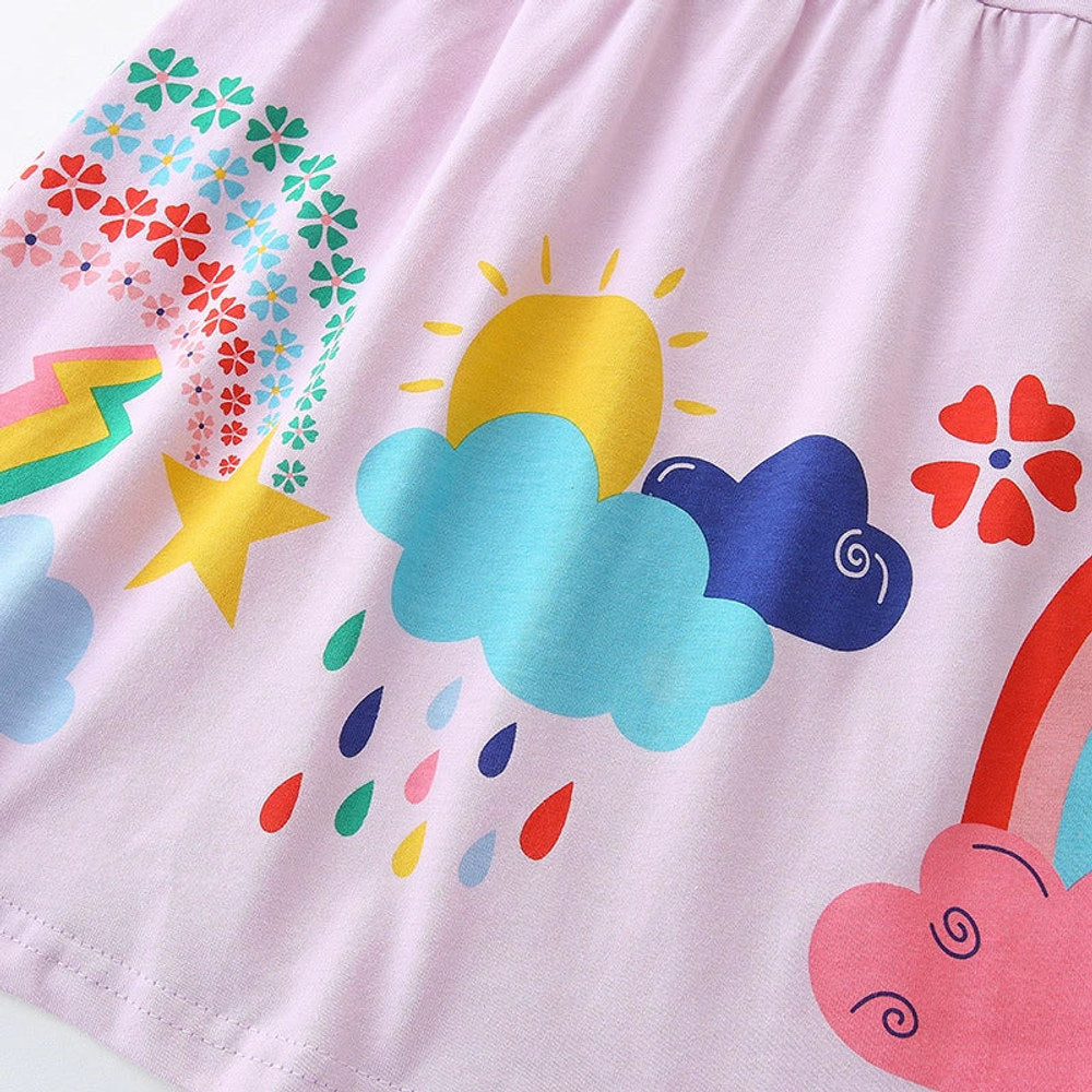 MyKids-USA® Pure Cotton Colorful Rainbow Pattern Short Sleeves Purple Dress for Stylish Girls-2