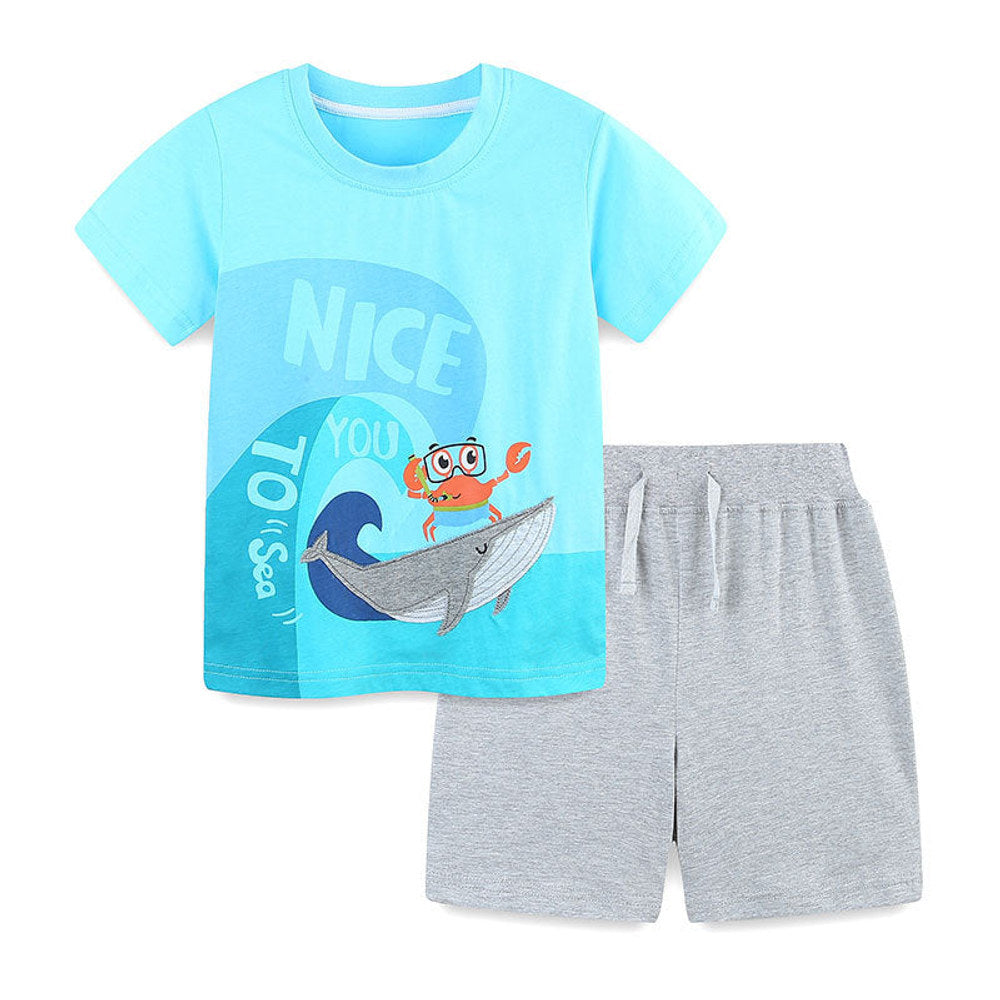 MyKids-USA® Baby Kids Cartoon Marine Animals Pattern T-shirt and Plain Shorts Casual Clothing Set for Boys-0