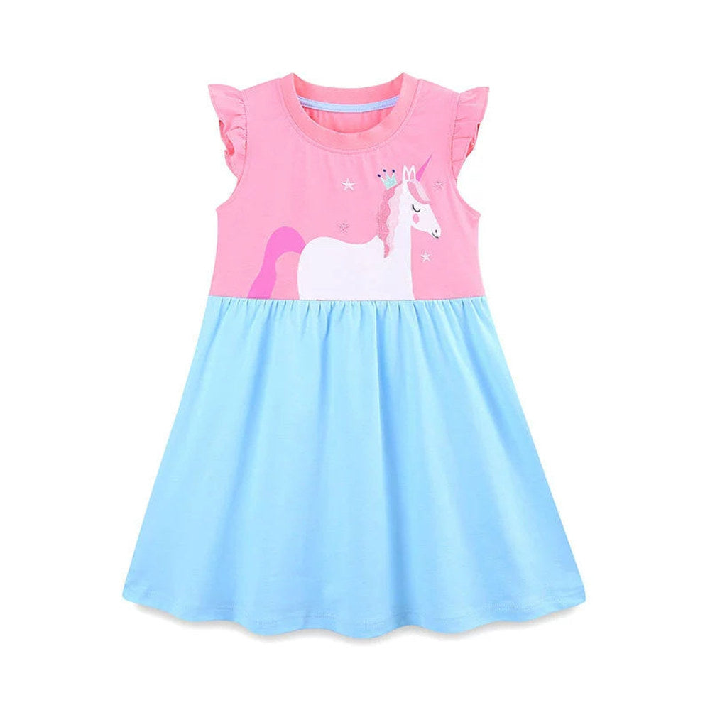 MyKids-USA® Cute Unicorn Cartoon Pattern Fly Sleeves Dress-0