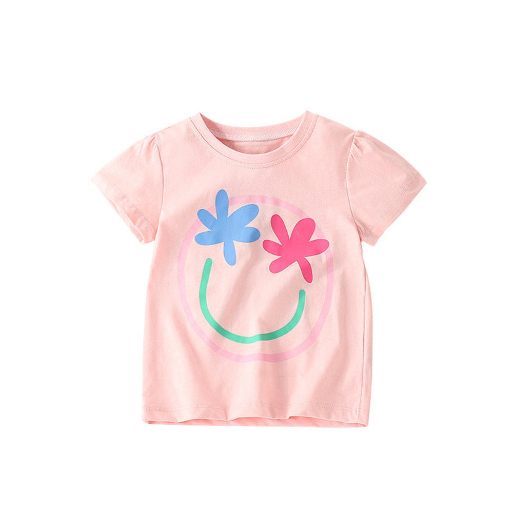 MyKids-USA® Girls’ Flowers and Smiling Face Pattern Short Sleeves T-shirt in European and American Style-0