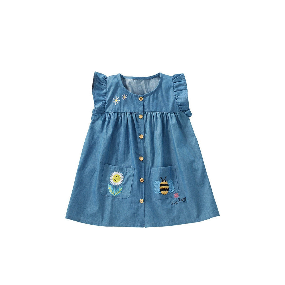 MyKids-USA® Cartoon Animals and Flower Embroidered Pattern Fly Sleevels Single Breasted Dress for Stylish Girls-4