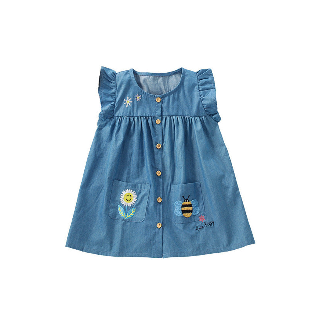 MyKids-USA® Cartoon Animals and Flower Embroidered Pattern Fly Sleevels Single Breasted Dress for Stylish Girls-0