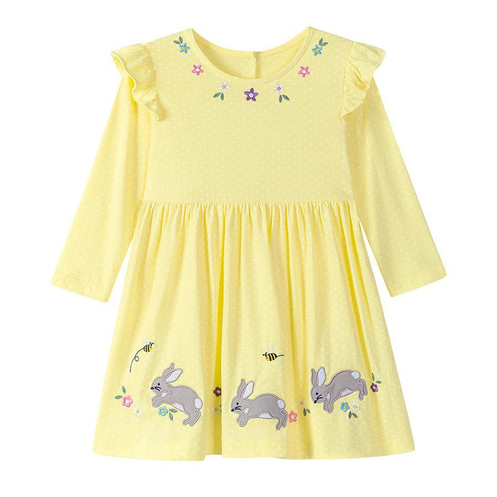 MyKids-USA® Cartoon Rabbits and Flowers Pattern Long Sleeves Crew Neck Dress for Stylish Girls-1