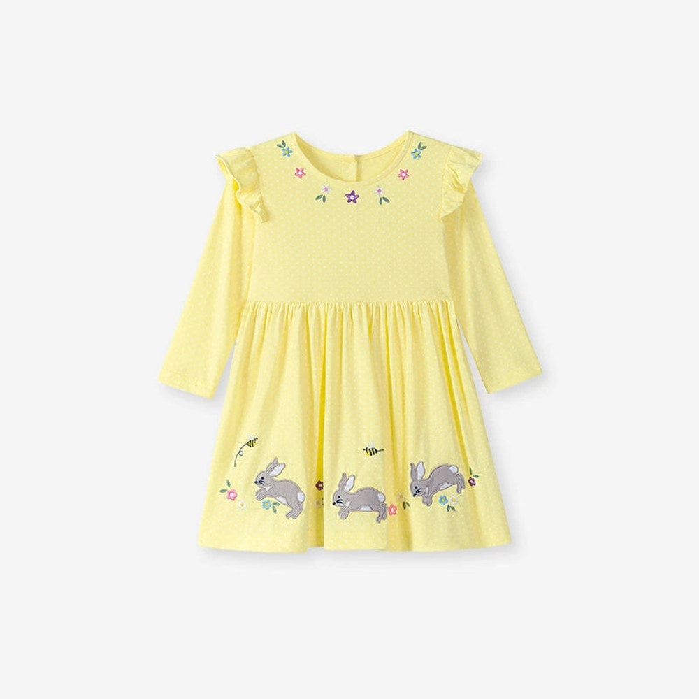 MyKids-USA® Cartoon Rabbits and Flowers Pattern Long Sleeves Crew Neck Dress for Stylish Girls-0