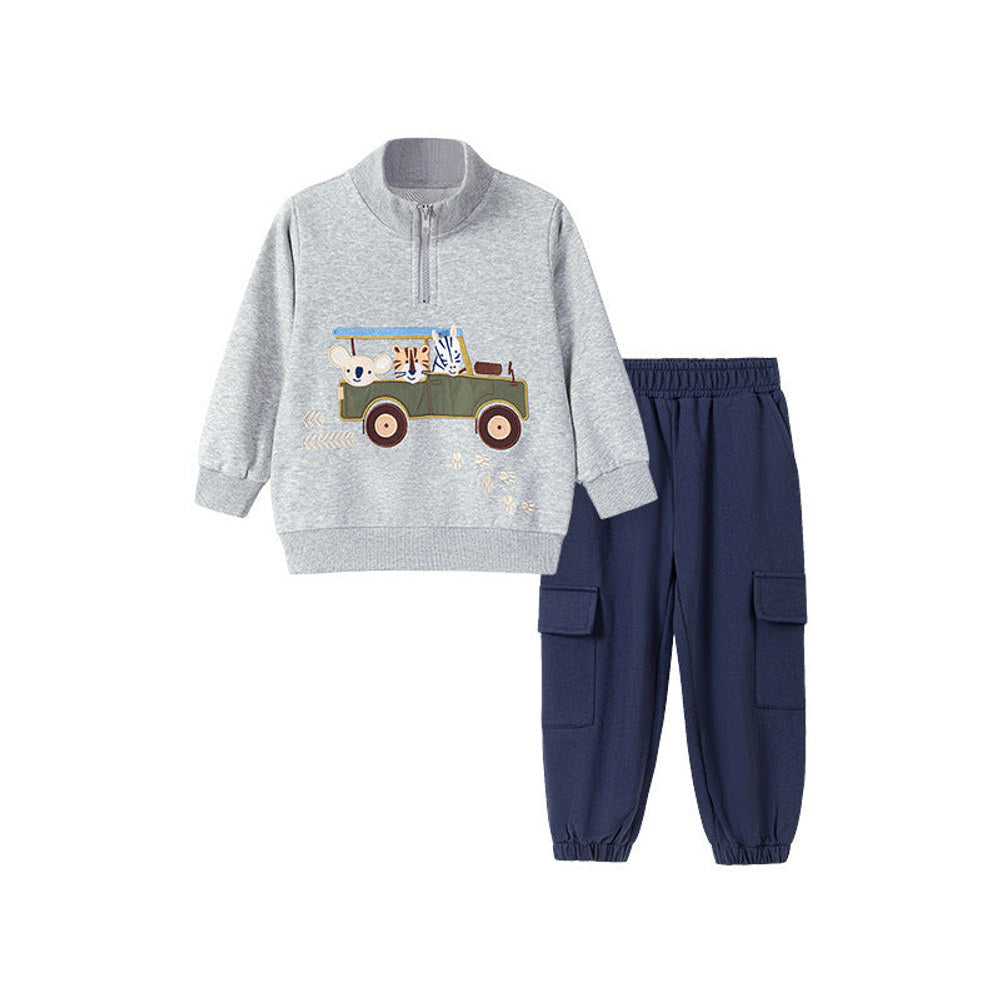 MyKids-USA® Boys Animals Cartoon Pattern Long Sleeves Zip-up Collar Top Sweatshirt and Plain Pants Clothing Set-0