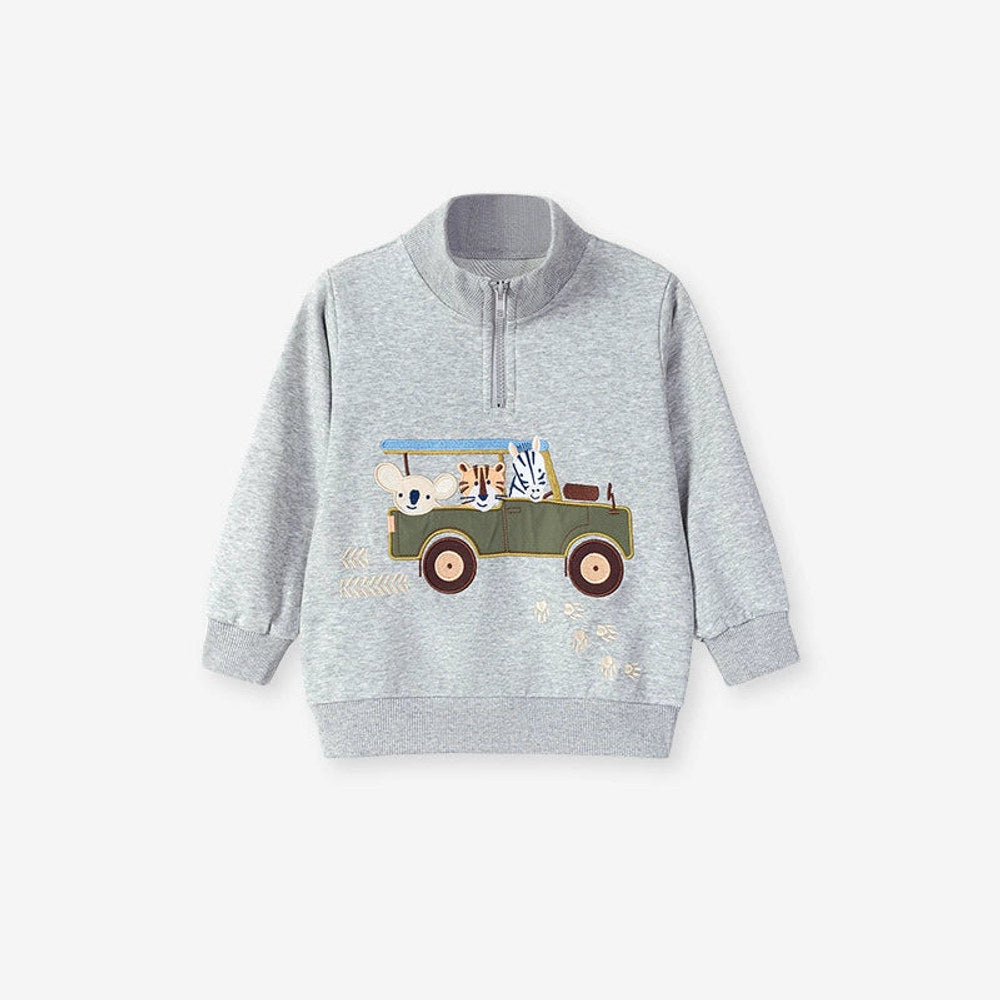 MyKids-USA® Boys Animals Cartoon Pattern Long Sleeves Zip-up Collar Top Sweatshirt and Plain Pants Clothing Set-1
