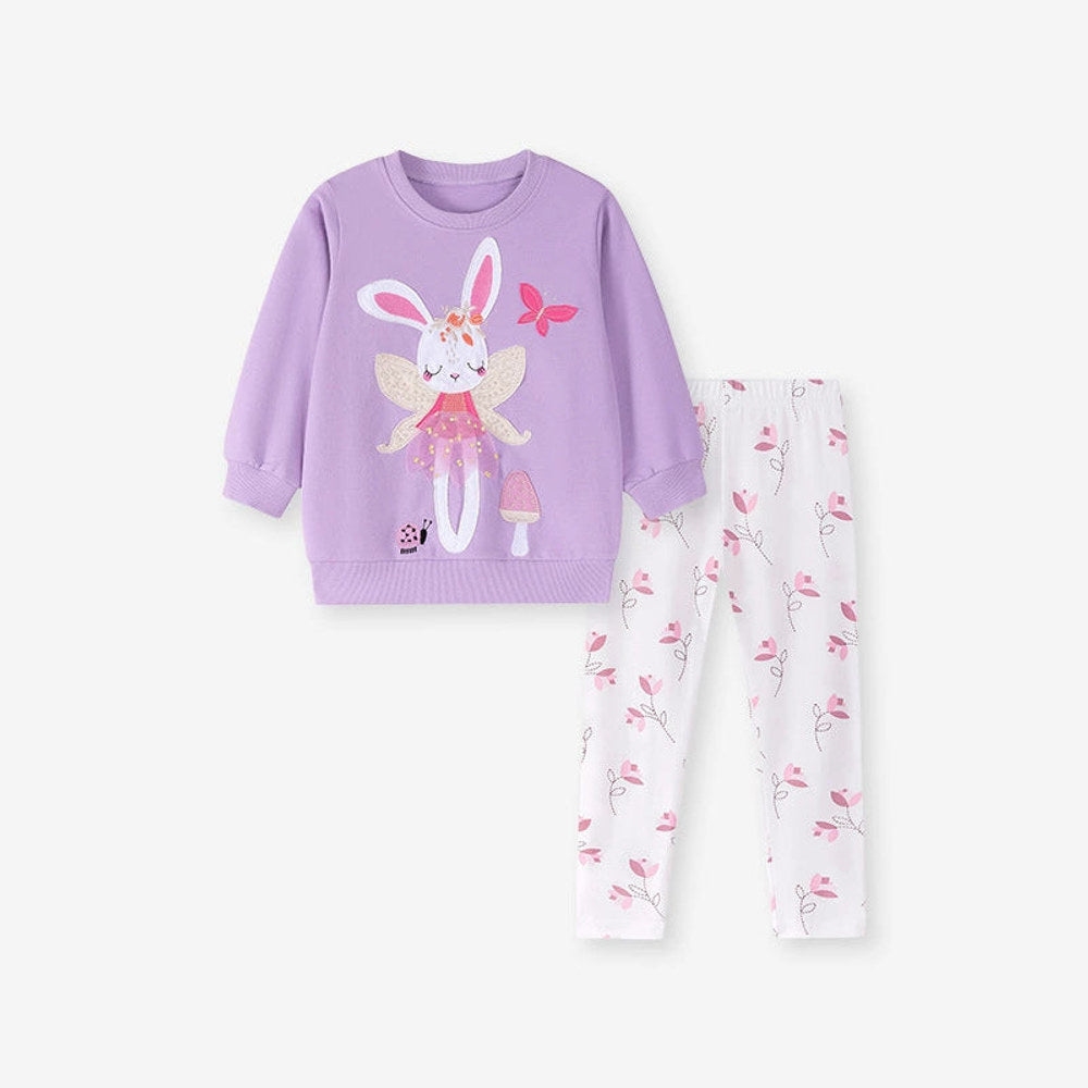 MyKids-USA® Girls Cute Rabbit Cartoon Pattern Long Sleeves Sweatshirt and Floral Pants Clothing Set-0