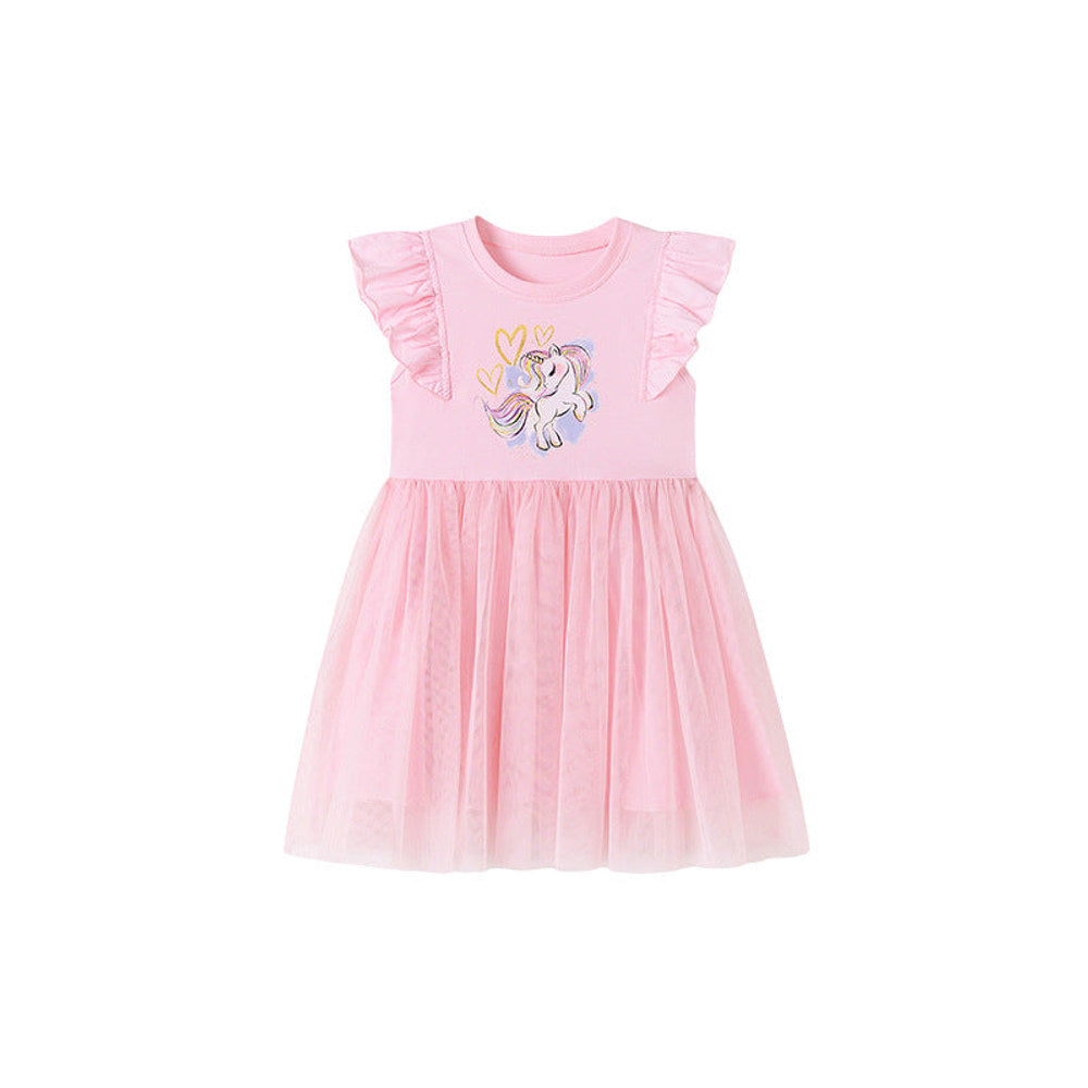 MyKids-USA® Unicorn and Stars Cartoon Pattern Fly Sleeves Tulle Patchwork Dress for Stylish Girls-0