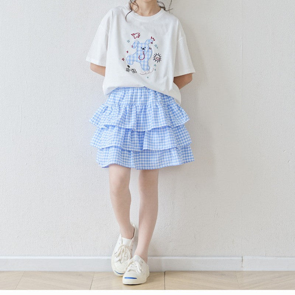 MyKids-USA® Baby Kids Girls Short Sleeves Cartoon Pattern T-shirt and Plaid Skirt Sets-1