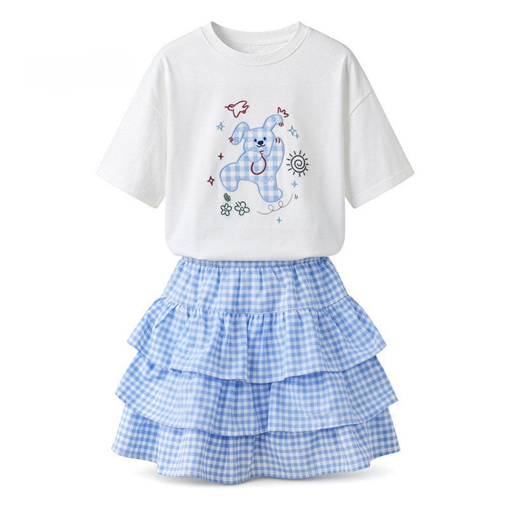 MyKids-USA® Baby Kids Girls Short Sleeves Cartoon Pattern T-shirt and Plaid Skirt Sets-2